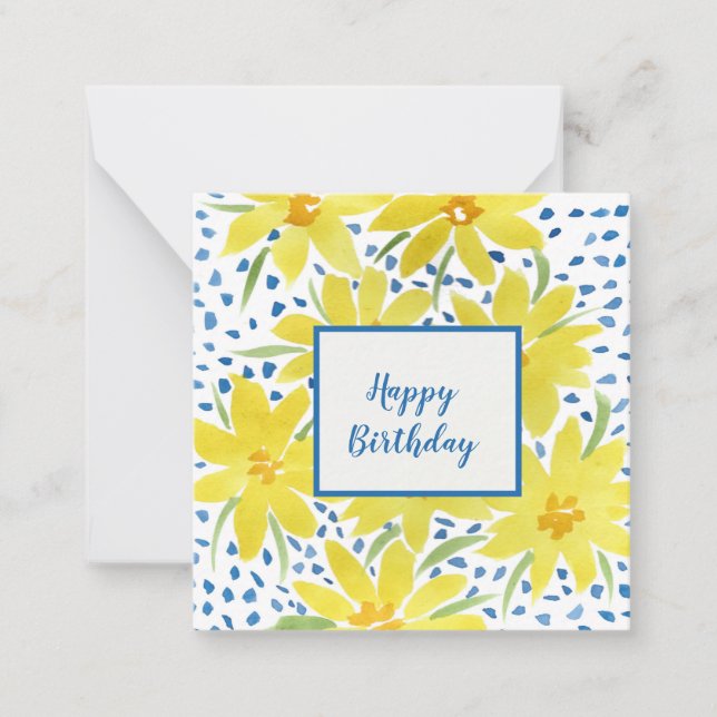 Yellow Daisy Bouquet Blue Dots Nota de cumpleaños (Anverso)
