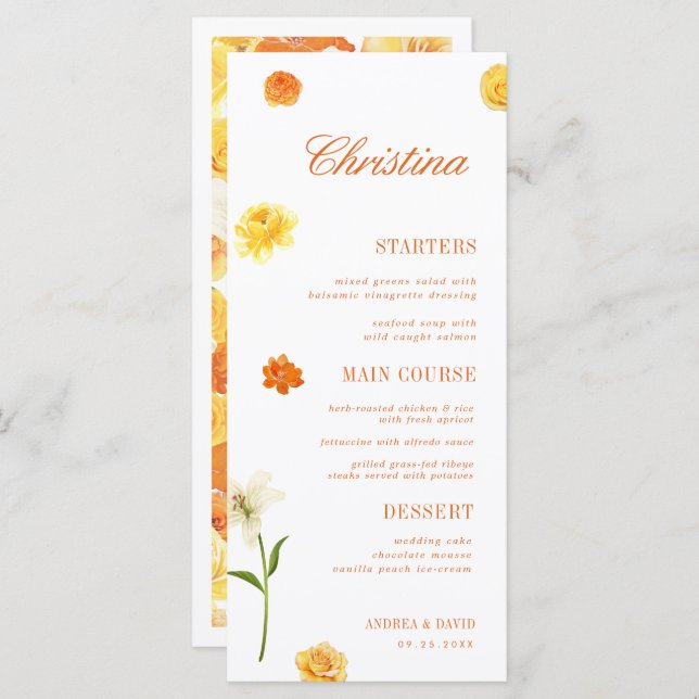 Yellow Orange Floral Custom Guest Name Garden Menu (Anverso / Reverso)