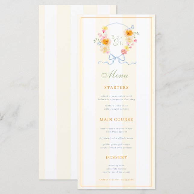 Yellow Stripes & Floral Crest Spring Wedding Menu (Anverso / Reverso)