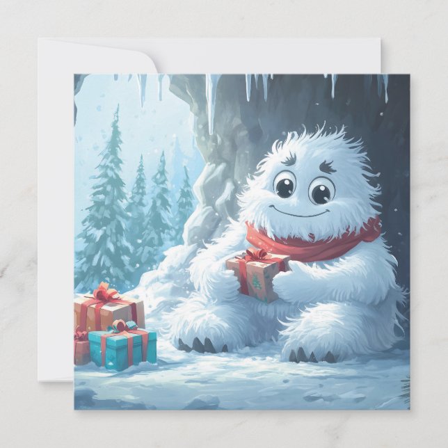 Yeti adorable con regalos de Navidad en una cueva (Anverso)