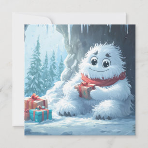 Yeti adorable con regalos de Navidad en una cueva