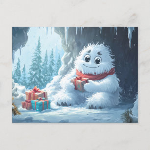 Yeti adorable con regalos de Navidad en una cueva