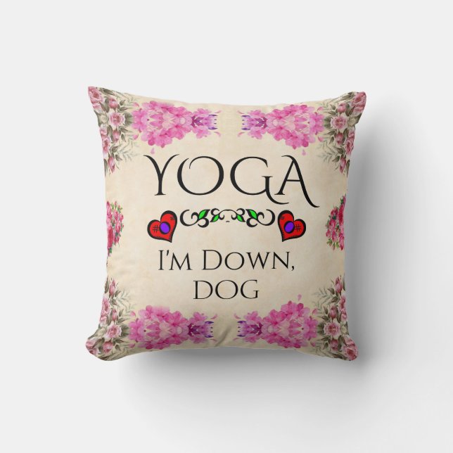 Yoga estoy abajo, Cojín decorativo de perros (Anverso)