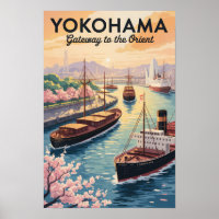 Yokohama Japón Ilustración Arte de Viaje Vintage