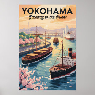 Yokohama Japón Ilustración Arte de Viaje Vintage