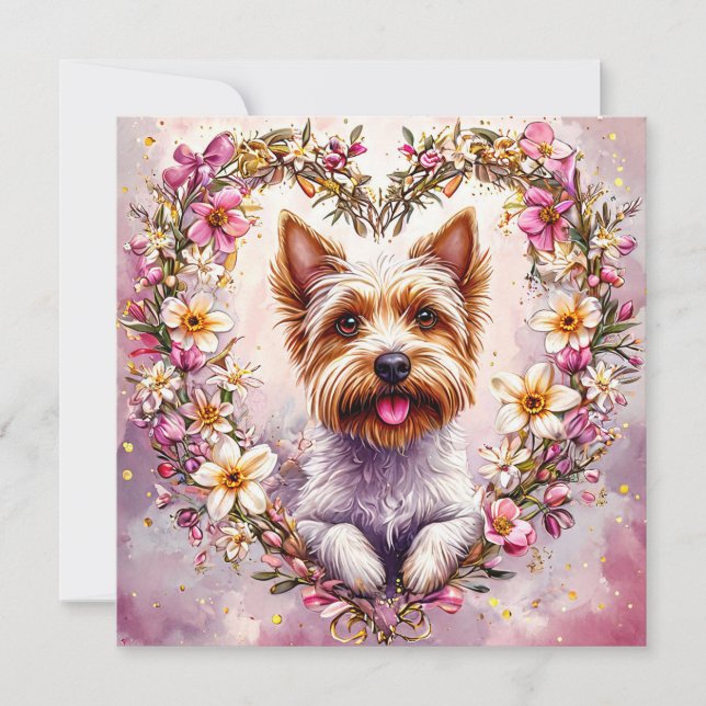 Yorkie adorable rodeado de flores (Anverso)