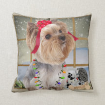 Yorkie en almohada de la luz de navidad por