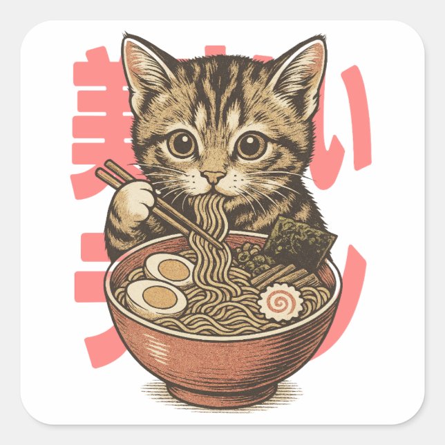 Yummy Ramen Kitten Pegatina (Anverso)