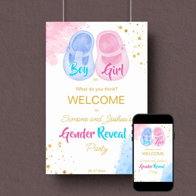 Zapatillas para bebés niño o chica revelan señal d (Gender reveal party welcome sign template poster instant download pink and blue baby shoe gold)