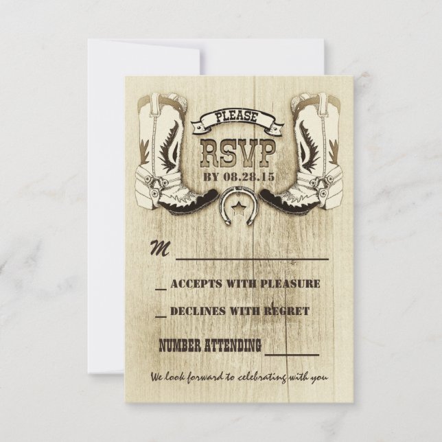 zapatos cowboy tarjetas RSVP de boda occidental (Anverso)
