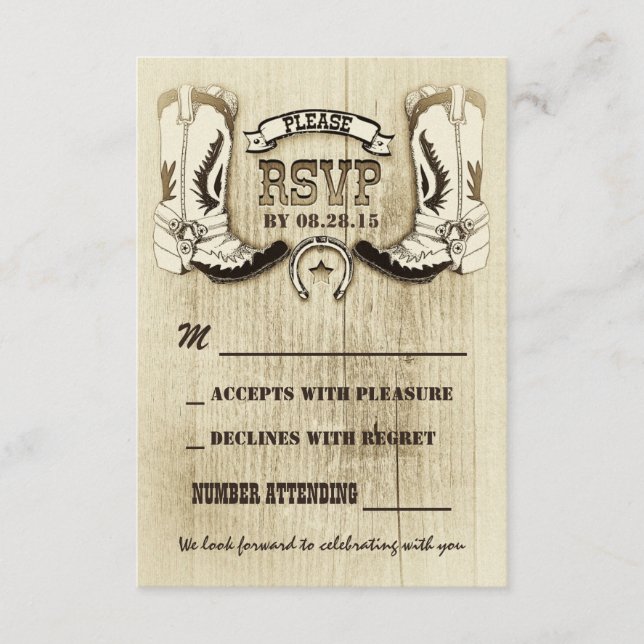 zapatos cowboy tarjetas RSVP de boda occidental (Anverso)