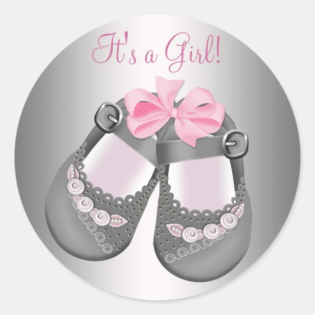 Zapatos de bebé grises Pegatinas de baby shower ro (Anverso)