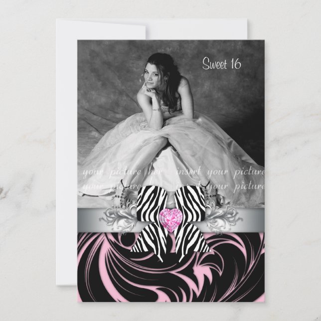 Zebra Bow Sweet 16 Fiesta Tarjeta de Foto Grad Flo (Anverso)