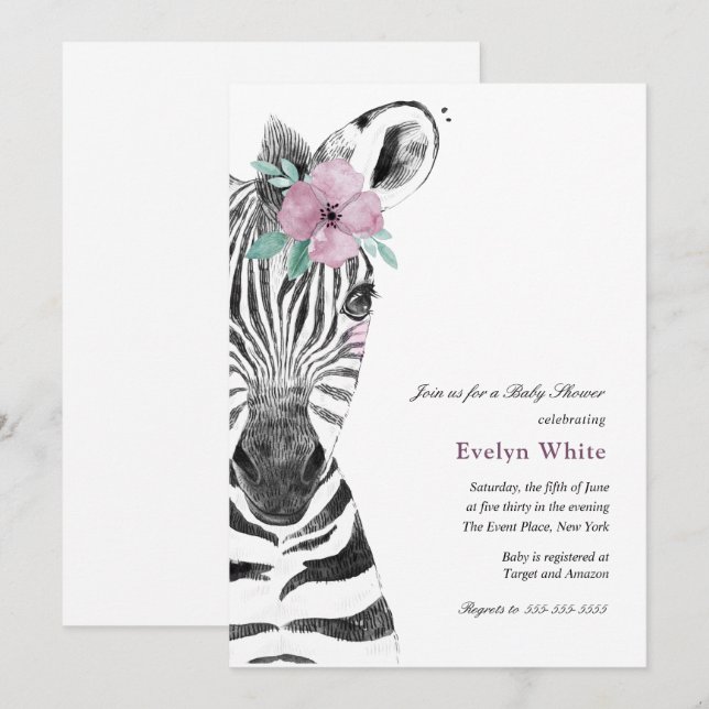 Zebra de color de agua | Invitación a Baby Shower (Anverso / Reverso)