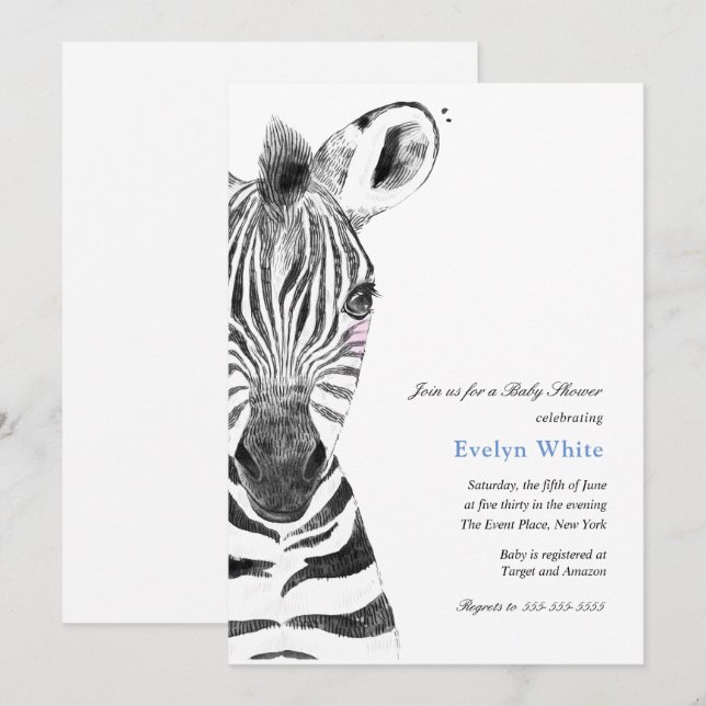 Zebra de color de agua | Invitación a Baby Shower (Anverso / Reverso)