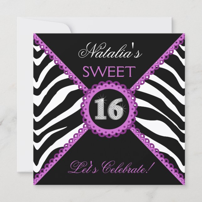 Zebra Sweet Dieciséis Invitaciones a Bling Purple  (Anverso)