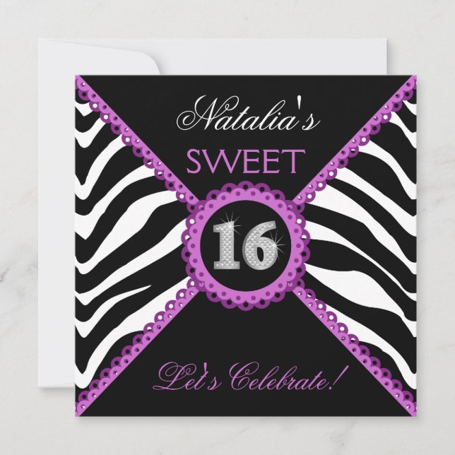 Zebra Sweet Dieciséis Invitaciones a Bling Purple  (Anverso)