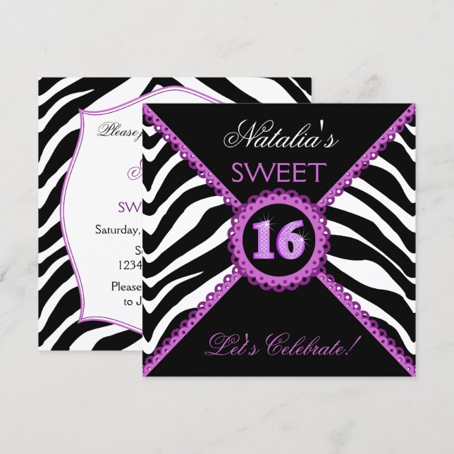 Zebra Sweet Dieciséis Invitaciones a Bling Purple  (Anverso / Reverso)