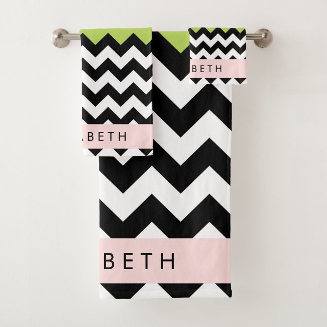 Zigzag negro y blanco, chevron, verde, tu nombre (In situ)