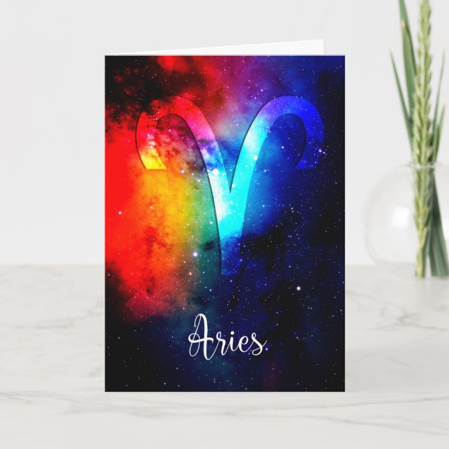 Zodiac: Tarjeta de cumpleaños Aries Rainbow Space (Anverso)