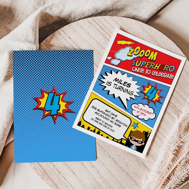 Zoom de superhéroe de historieta 4ª invitación de  (Boys Superhero 4th Birthday Invitation, Comic Superhero Fourth Birthday Invitation Brown Hair Hero)