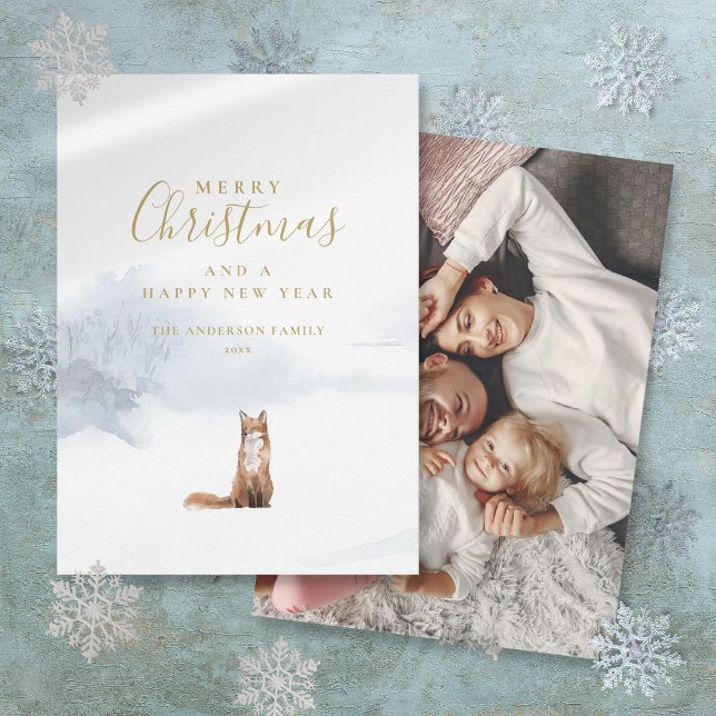 Zorro de Invierno Elegante Tarjeta de Navidad con  (Winter Fox Elegant Gold Script Photo Christmas Holiday Card)