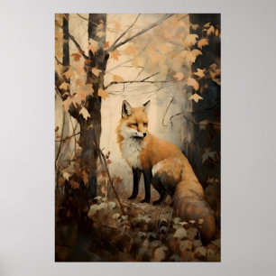 Zorro en impresión de bosque otoñal, arte animal C