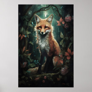 Zorro en la impresión del bosque de flores mágicas