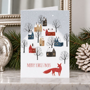 Zorro Rojo Pueblo Nevado Nórdico Feliz Navidad 