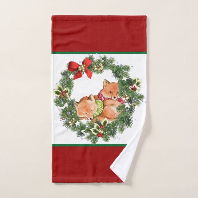 Zorros Navideños Adorables con Corona Navideña Roj (Toalla de mano)